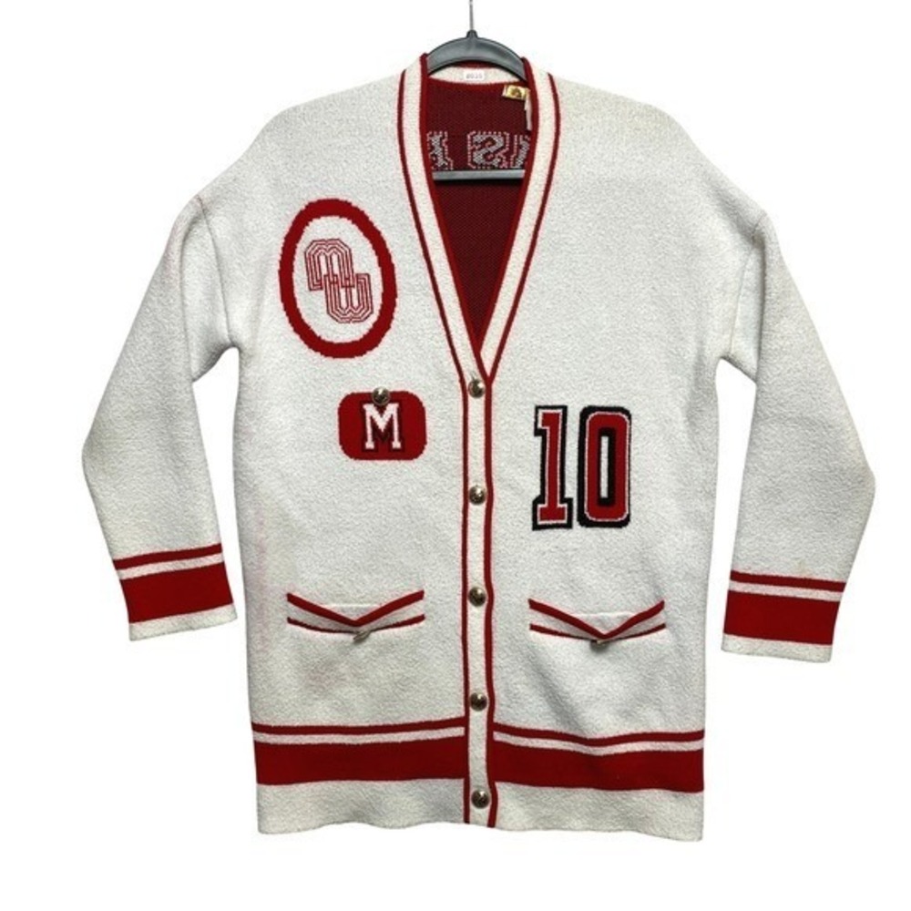 Maje Letterman Cardigan Womens Size 1 White Red Sweater Varsity Knit